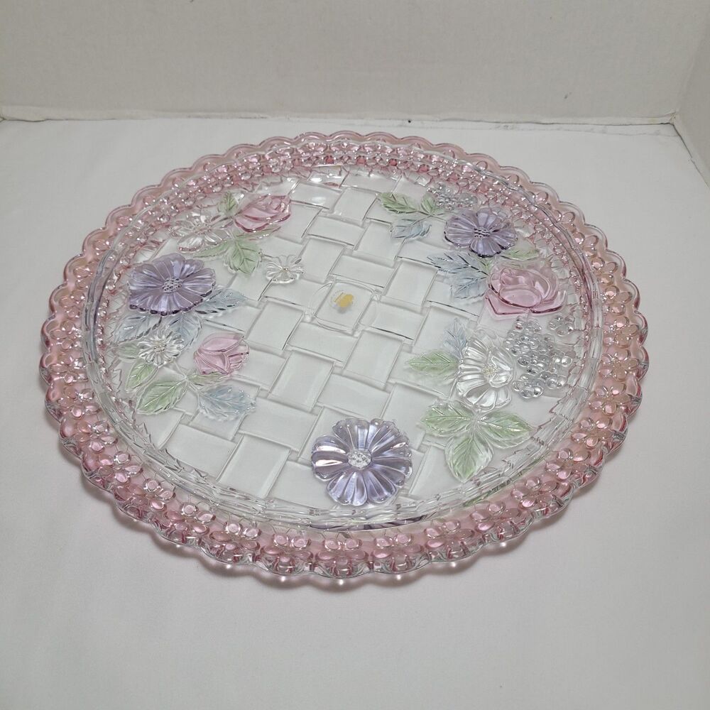 Riccardo Cake Plate Platter Glass Lattice Floral 13" Japan Vintage